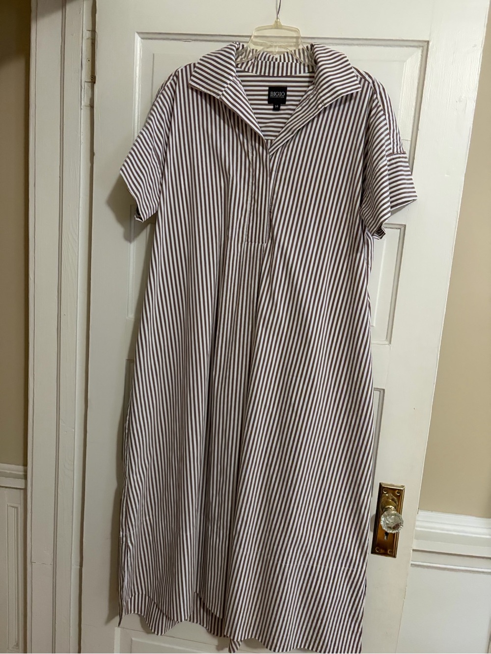 Bigio Collection  Brown and White Vertical Stripe Shirt Dress